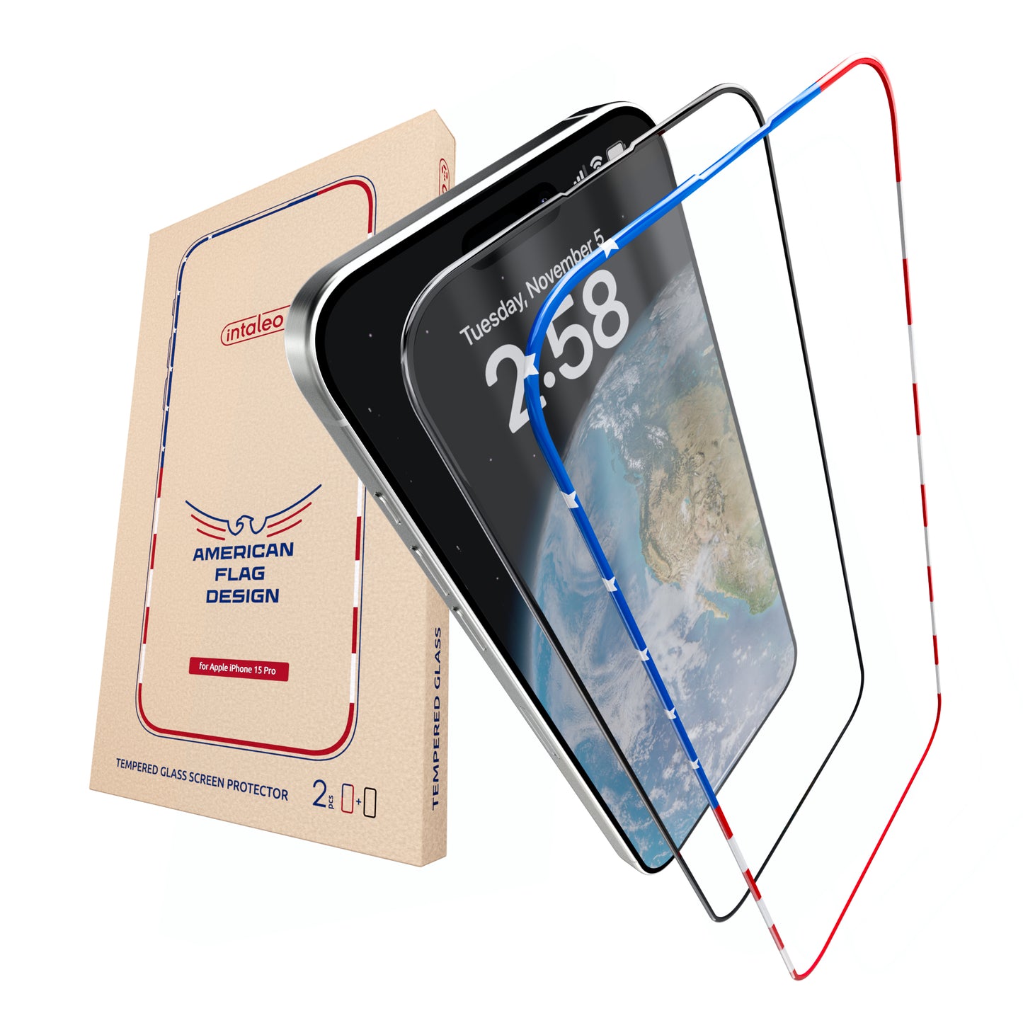 For iPhone 15 PRO (2 pcs) INTALEO Tempered Glass US Flag Design